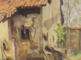 painting of an old house with a red roof and a dirt road