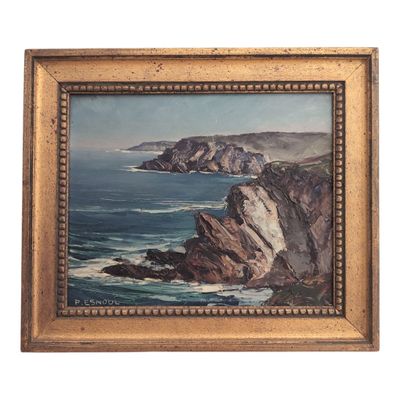 an oil painting of a rocky coast with a cliff in the foreground