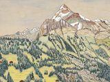 a painting of a man riding a horse in the mountains
