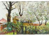 une image représentant un tableau où l'on voit une maison et des arbres dans un jardin