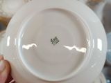 a person holding a white plate with gold trim around it