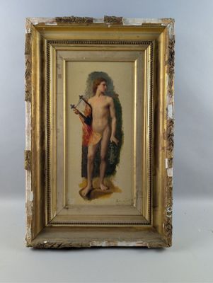 an old picture of a naked man with a guitar in a gold frame