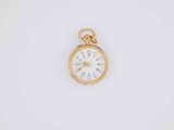 a close up of a pocket watch on a white surface