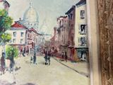 an oil painting of a street scene with a church in the background