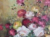 a painting of flowers in a blue vase on a table