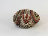 a shell with beads on it sitting on a white surface