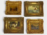 four framed paintings of people on a beach with a sailboat in the background