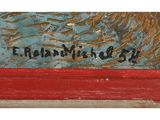 an image of a painting of a red and blue boat with a name written on it