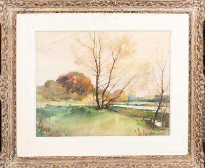 une image d'un tableau représentant un paysage avec des arbres au premier plan
