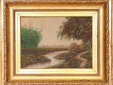 une image représentant un tableau représentant une rivière et des arbres, dans un cadre doré