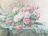 une aquarelle représentant un panier de fleurs posé sur une table