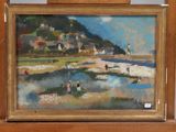 a painting of a beach scene with people in the water