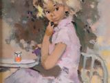 tableau représentant une femme en robe rose, assise à une table avec une tasse de thé