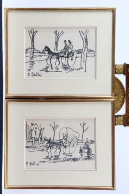 two framed pictures of a horse drawn by a man