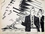drawing of two men in suits and ties standing in front of a train