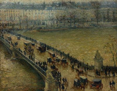 un tableau représentant des personnes marchant sur un pont au-dessus d'une rivière