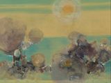 an image of a painting of trees and a sun in the sky