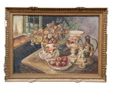 a painting of a vase of flowers and apples on a table