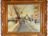 une peinture à l'huile représentant une scène de rue avec des personnes marchant dans la rue