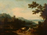 painting of a landscape with cattle and people in a wooded area