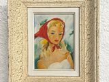 an oil painting of a woman in a red hat on a easel