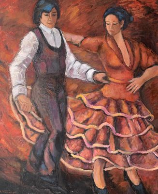 painting of a man and a woman dancing in a flamenco dress