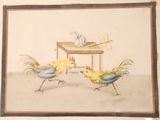 two birds standing in front of a table with a clock on it