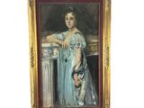 tableau représentant une femme en robe bleue appuyée contre une table