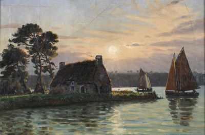 une peinture représentant des voiliers sur l'eau devant une maison