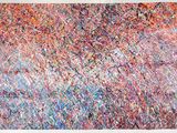 an abstract painting of red, blue and pink paint on a white background