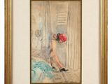 painting of a woman sitting on a bed with a red hat