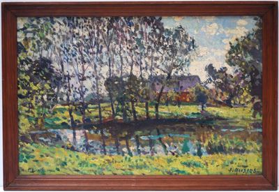 an oil painting of a landscape with trees and a river