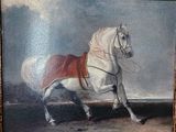 a painting of a white horse with a red blanket on it