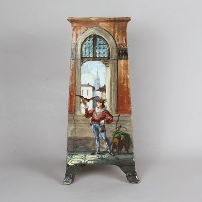 tableau représentant un homme et un chien sur un socle devant une fenêtre
