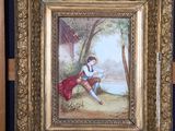 a picture of a painting of a woman sitting on a bench
