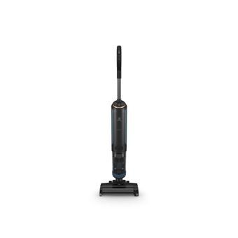 un aspirateur noir et bleu sur fond blanc