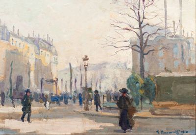 painting of a street scene with people walking and walking on the sidewalk
