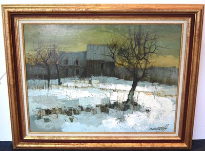 une peinture à l'huile représentant un paysage enneigé avec un arbre au premier plan