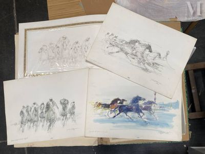 several drawings of horses running in a line on a table