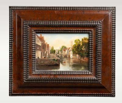 une peinture à l'huile représentant un canal avec un bateau sur l'eau