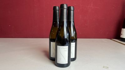 deux bouteilles de vin posées sur une table, avec un mur rouge en arrière-plan