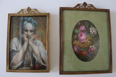 two framed pictures of a woman and a vase of flowers