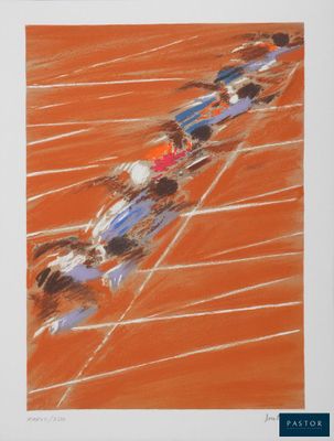 un tableau représentant un groupe de personnes à cheval sur une piste