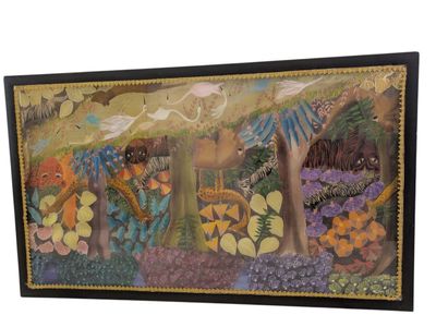 tableau représentant une femme dans un jardin, avec des oiseaux et des fleurs