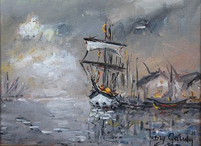 painting of a painting of a ship in the water with other boats in the background