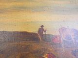 un tableau représentant un homme debout dans un champ avec une vache