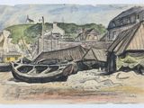 un dessin représentant un bateau sur la plage, à côté d'un bâtiment