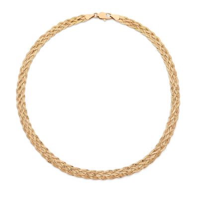 un collier en tresse dorée muni d'un fermoir, sur fond blanc