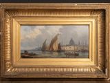 an oil painting of boats in a harbor with a city in the background