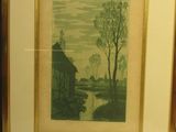 painting of a farm scene with a stream and trees in a gold frame